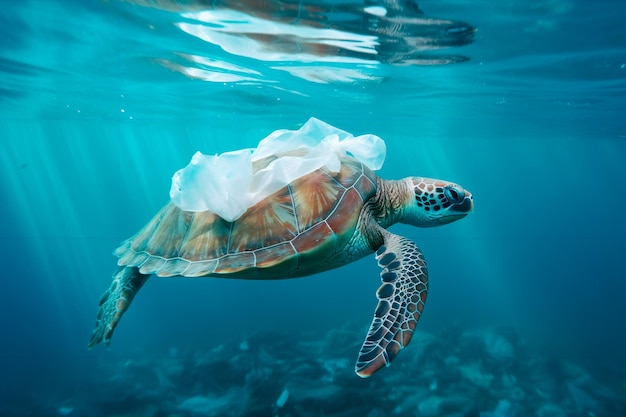 A turtle swims in the sea among plastic and garbage Ocean pollution AI Generated