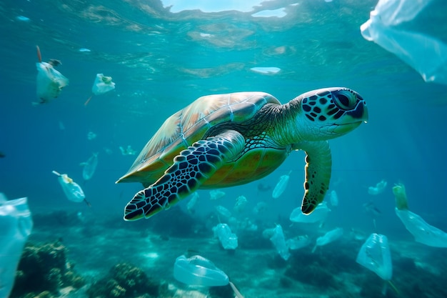 A turtle swims in the sea among plastic and garbage Ocean pollution AI Generated