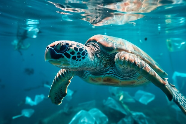 A turtle swims in the sea among plastic and garbage Ocean pollution AI Generated