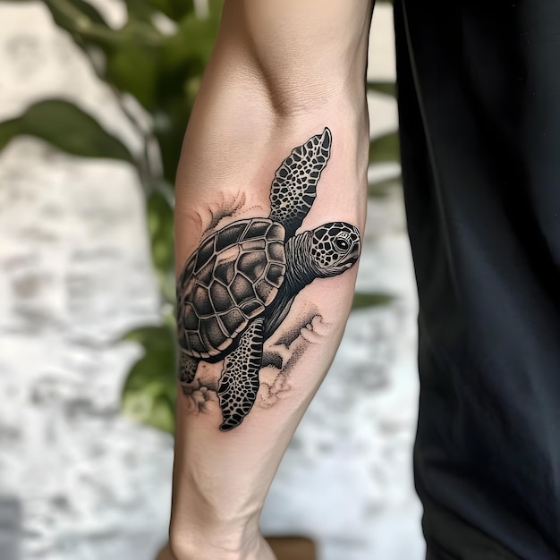 a turtle tattoo with a turtle on the arm