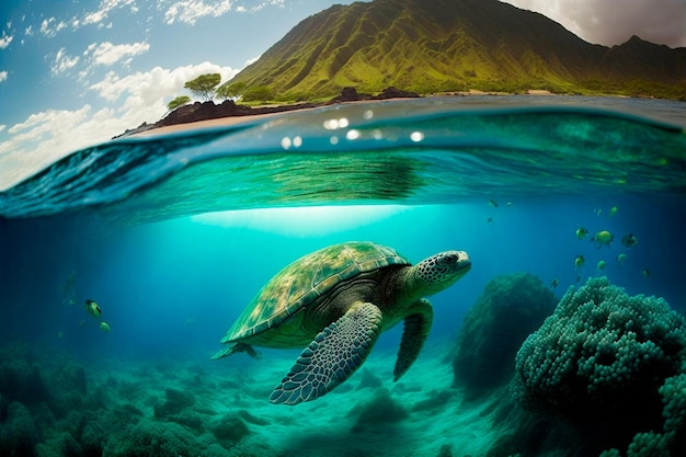 Turtle under water on the background of the island Diving scene of turtle undersea Generative AI