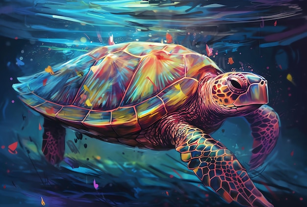 A turtle in the water with a colorful pattern.