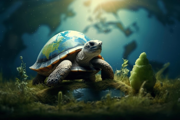 Photo turtle in the water with a world map on the top