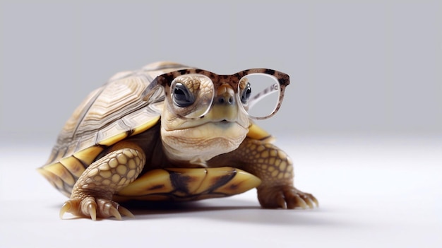 A turtle wearing glasses is shown with a white background.