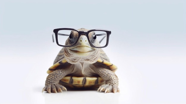 A turtle wearing glasses sits on a table.