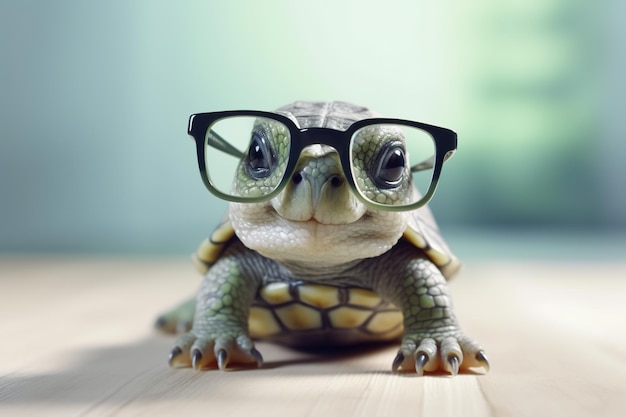 A turtle wearing glasses sitting on a table generative ai image