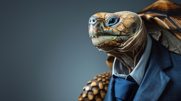 A turtle wearing a suit and tie looks to the side