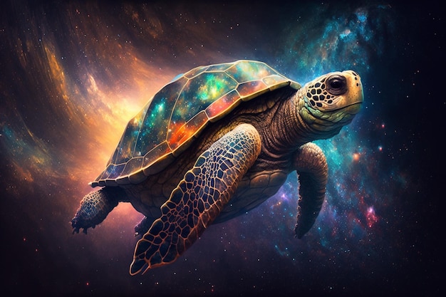 A turtle with a galaxy background