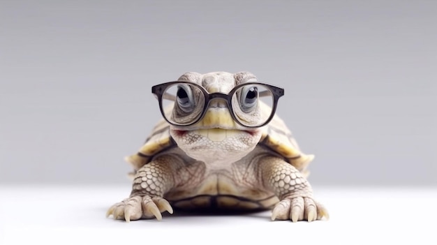 A turtle with glasses on his head and a black glasses on his face.