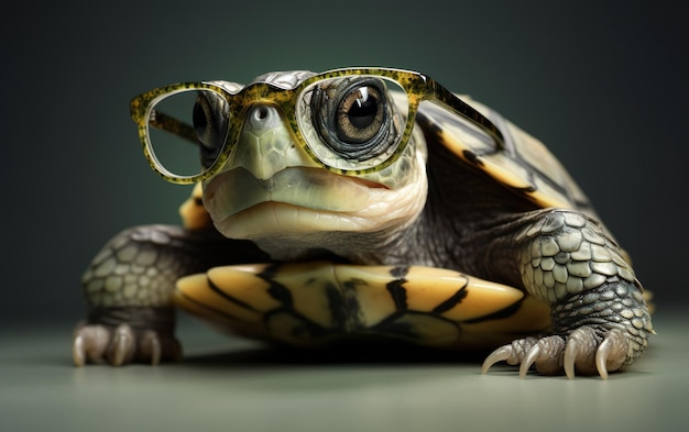 A turtle with glasses on it's head and a green glasses.