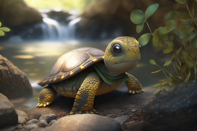 A turtle with a green collar stands on a rock in front of a waterfall.