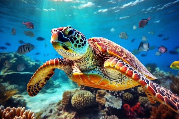 Turtle with a Group of Colorful Fish and Sea Animals Generative AI