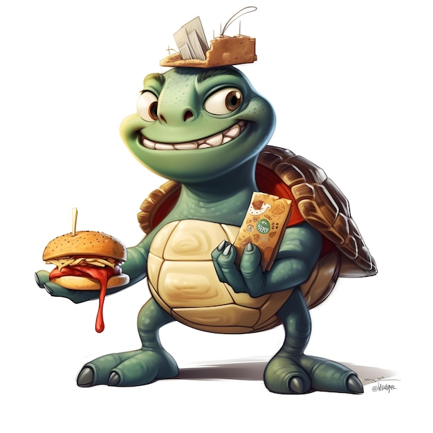 A turtle with a hat on holding a hamburger and a burger.