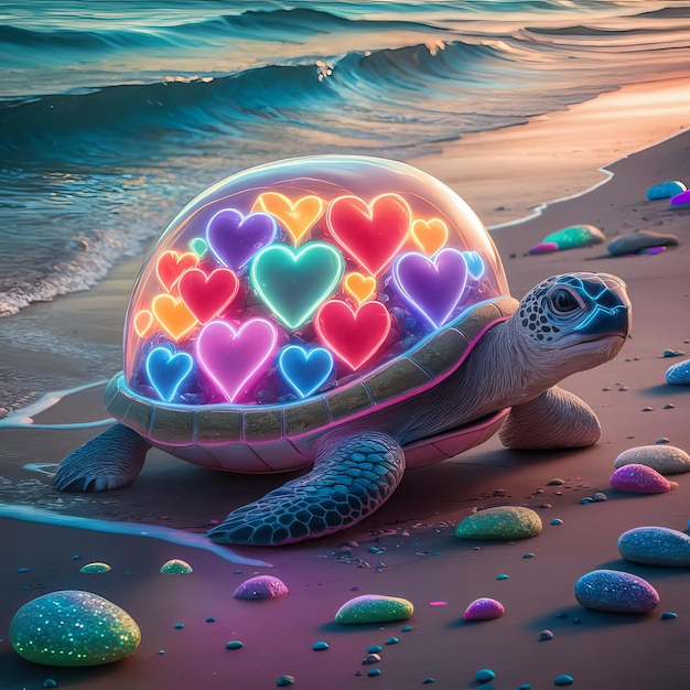 a turtle with hearts on its back is lit up