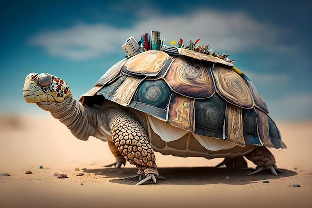 A turtle with a lot of stuff on it