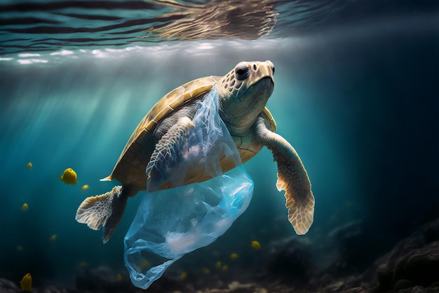 Turtle with a plastic bag Ocean plastic pollution concept Generative AI