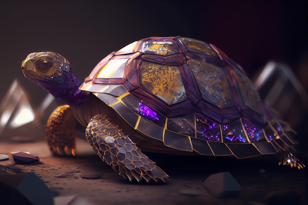 A turtle with a purple and gold shell on its head