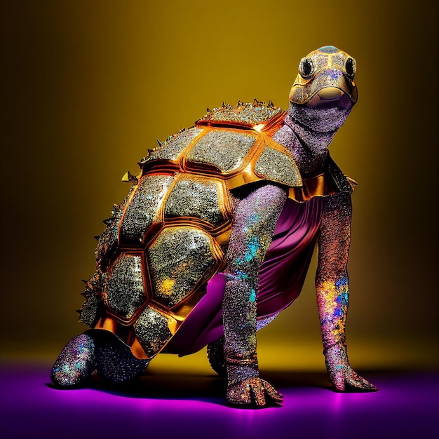 A turtle with a purple skirt and a purple shirt is standing on a purple background.