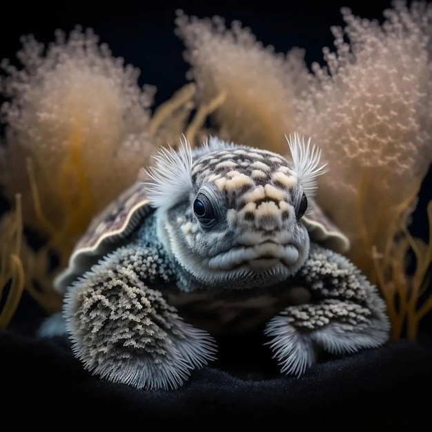 A turtle with white and black feathers sits in a dark room.