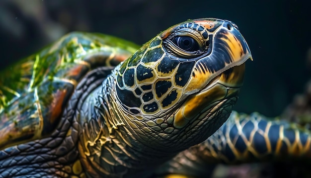 a turtle with yellow and black stripes on its back sits in a tank