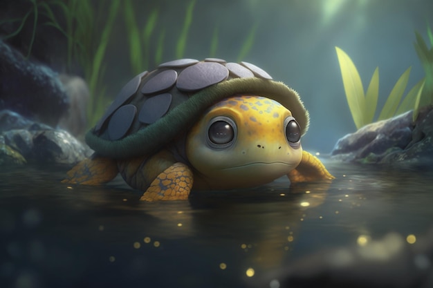 A turtle with a yellow and blue tail stands in a pond.