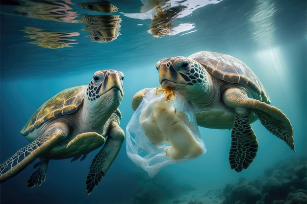 Turtles are eating plastic bags in the sea Made by AIArtificial intelligence