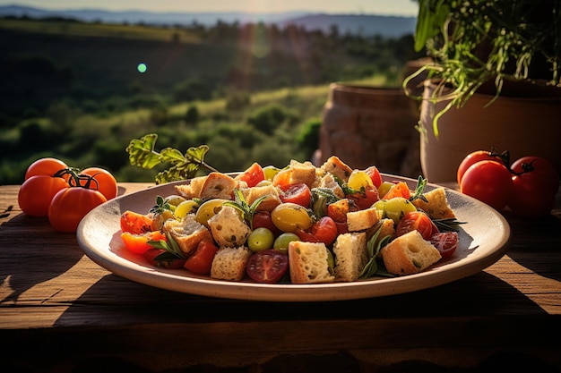 Tuscan Panzanella Salad with Picturesque Vineyard Backdrop