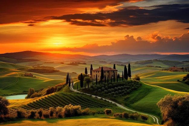 Tuscany landscape with cypresses trees at sunset Italy Beautiful sunset on the rolling hills of Tuscany Italy AI Generated