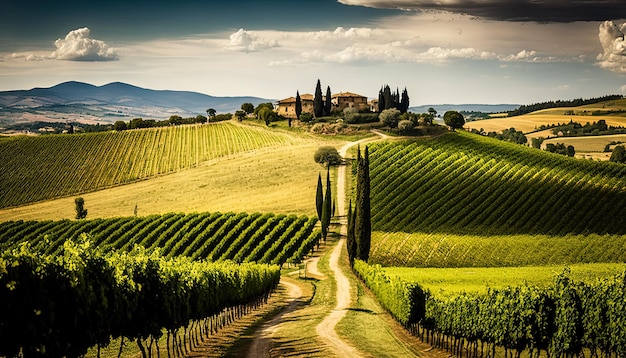 Tuscany landscape with vineyard beautiful daylight Generative Ai