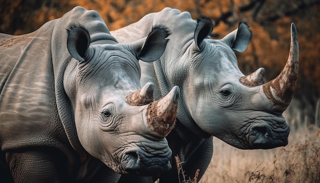 Tusked rhino grazing herd of elephant nearby generated by AI