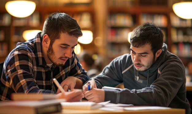 Photo a tutor helping a student with homework at a library table