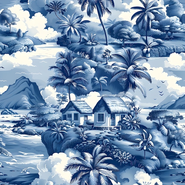 Tuvaluan Toile de Jouy Seamless Pattern with Thatched Meeting Houses and Marine Life