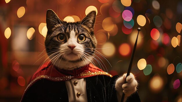 Photo tuxedo cat in a magicians outfit holding a wand and looking mysterious