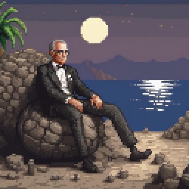 Tuxedoclad man perched on rocky shore ocean waves in pixel art