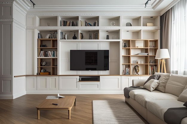 TV and bookcase in the living room current fashion White wood home furnishings with decorative