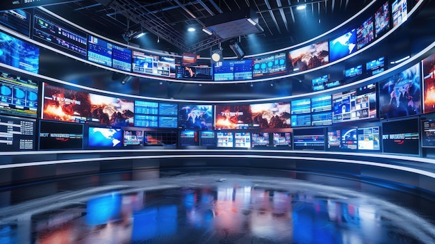 TV broadcast studio room many display monitor panels modern background wallpaper AI generated image