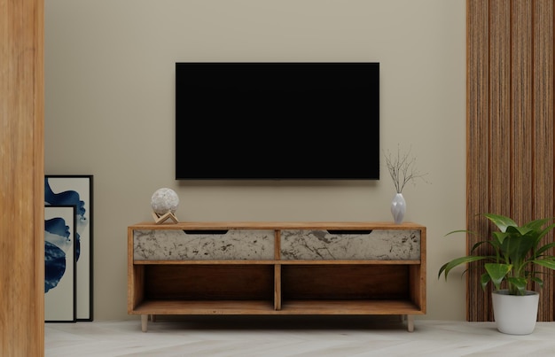 Tv cabinet on the cream wall background in living room with tiles floor