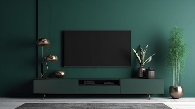 TV cabinet on a dark green living room wall minimal design