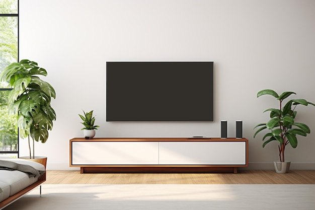 The TV cabinet and display on wood flooring and a white wall featuring a modern interior