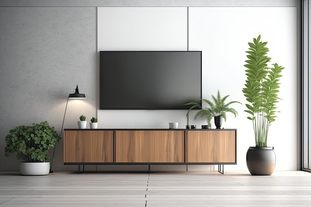 TV cabinet empty wall wood plank plant pot and table Interior and architecture concept illustration