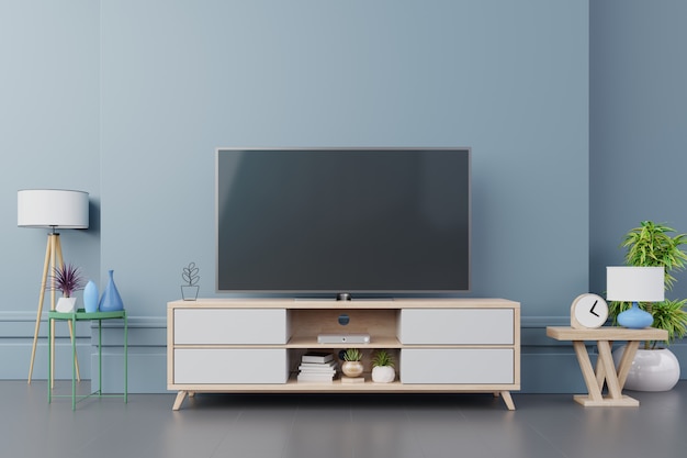 Tv on cabinet interior modern room with plants, shelf, lamp on dark blue wall.