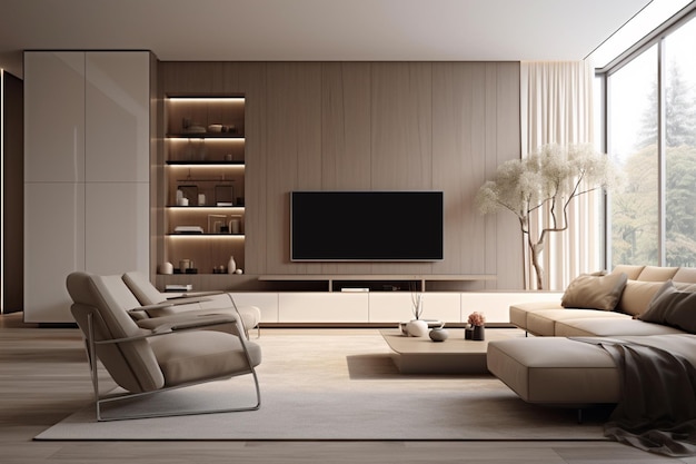 The TV cabinet in the living room is designed to be a space where the whole family feels good