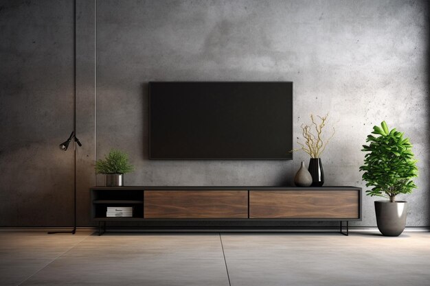 The TV cabinet in the modern empty room against concrete wall embodies an industrial chic aesthetic