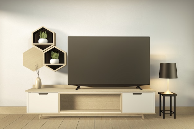 Tv cabinet in modern empty room Japanese - zen style,minimal designs. 3D rendering