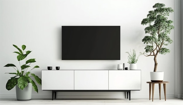 TV on cabinet in modern living room on a white wall background.