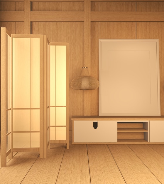 Tv cabinet wooden in idea modern zen room style,minimal designs. 3D rendering