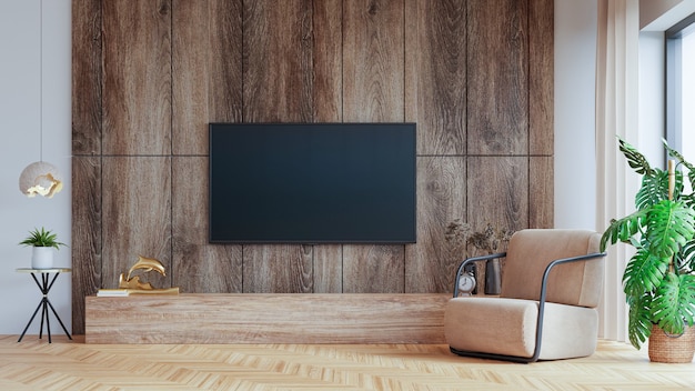 TV on cabinet the wooden wall in living room with armchair,minimal design,3d rendering