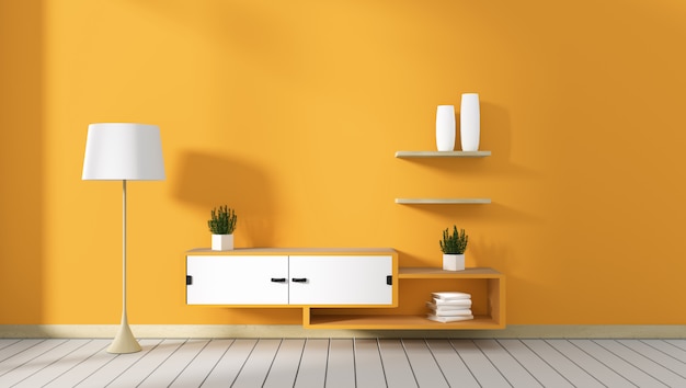 Tv cabinet in yellow modern room,minimal designs, zen style. 3d rendering