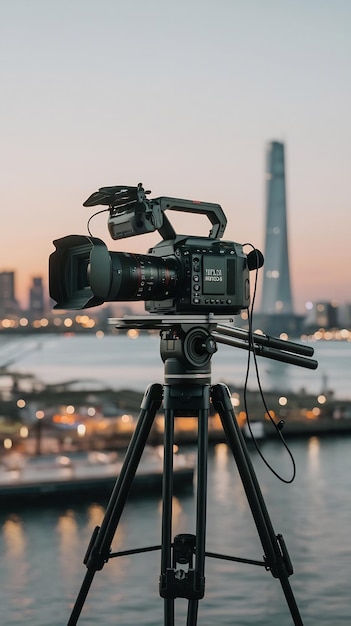 Tv camera broadcast on the crane tripod for shooting or recording and broadcasting