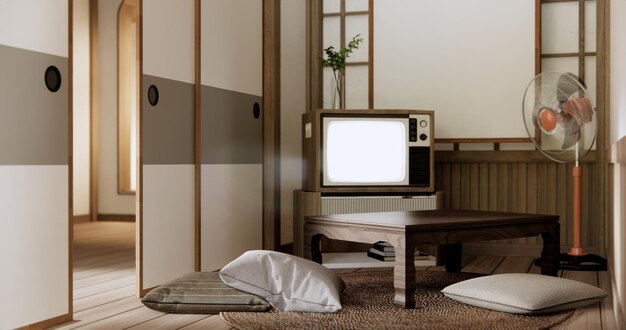 TV on canbinet low table in room Japanese style with lamp